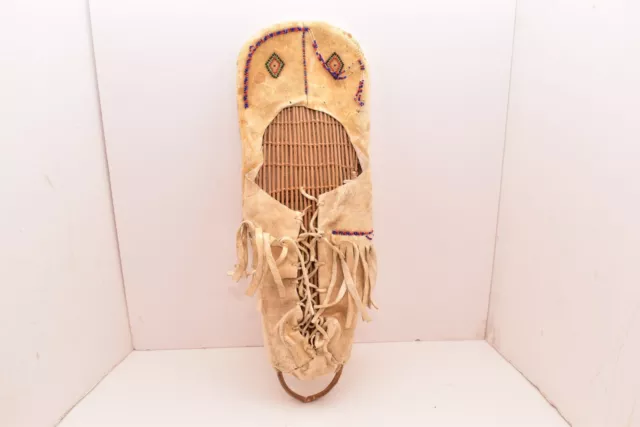 VTG Small Native American Paiute Leather Woven Cradleboard Beaded Doll Papoose/