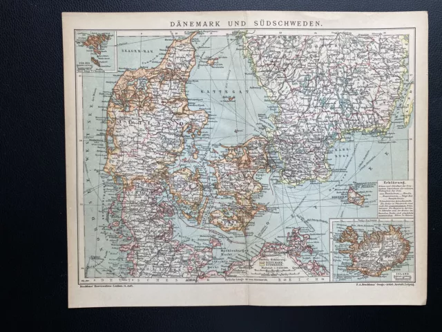 antike historische Landkarte Dänemark und Südschweden um 1900