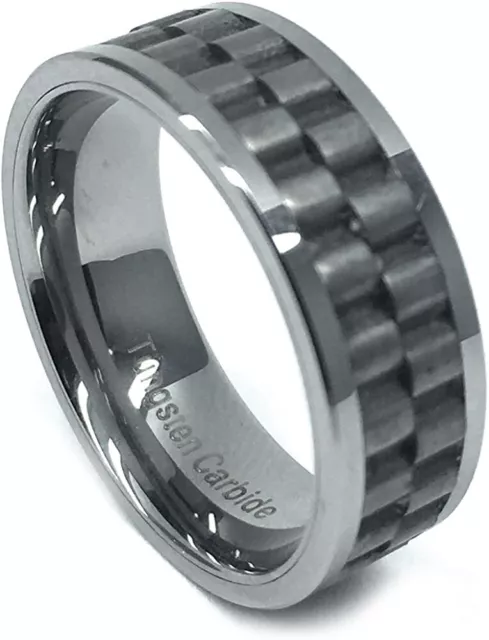 8mm Tungsten Carbide with Rustic Chain Watch Band Center Wedding Band Ring