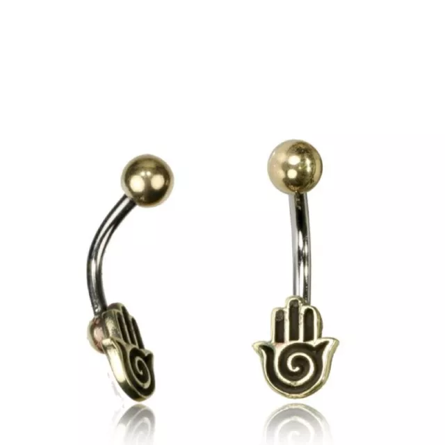 Tribal Belly Ring 14G 1.6Mm Brass Naval Bar Hamsa Fatima Hand Boho Gypsy Yoga