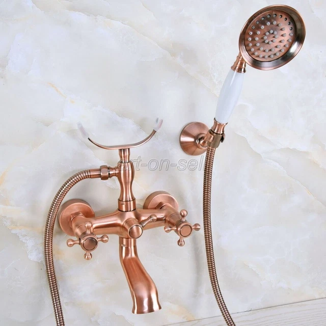 Antique Red Copper Wall Mount Bathtub Clawfoot Bath Tub Faucet w/Handheld Shower