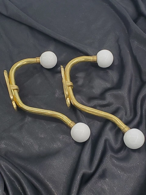 Brass Double Hook Wall Mount W/white Porcelain Knobs 2 Pair Hat Coat Towels