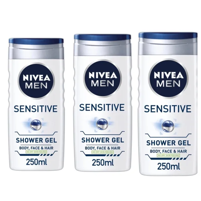 NIVEA MEN Sensitive Shower Gel Pack of 3 x 250ml, Alcohol-Free Sensitive Skin