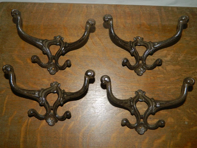 Set/4 Rustic Cast Iron Heavy 4 Hook or Prong Wall Mount Coat Hat Hook Hall Tree