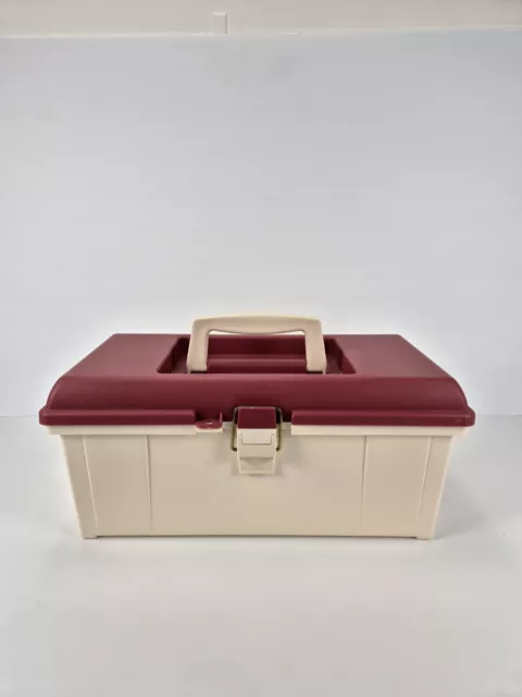 Vintage Wilton Large Maroon & Cream Plastic Sewing Box With Tray Made In USA VGC