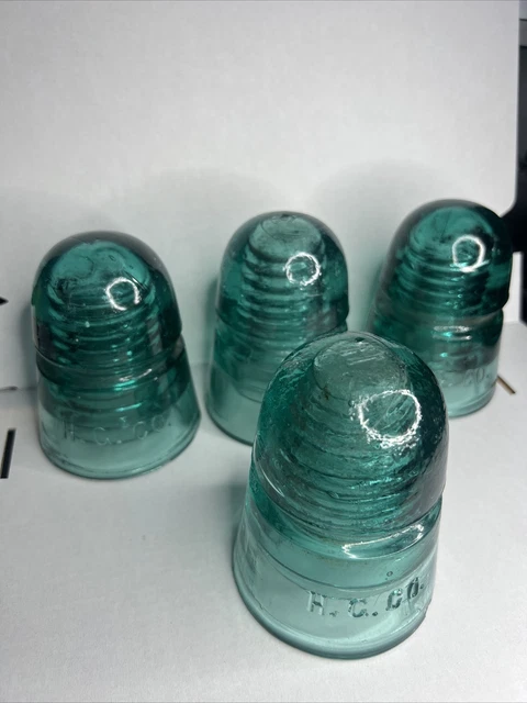 Set Of 4 ANTIQUE H.C. CO. BEEHIVE GLASS ELECTRIC TELEGRAPH POLE GREEN INSULATOR