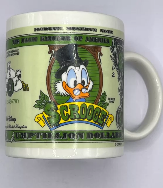 Vintage 1990 Walt Disney Scrooge McDuck Umptillion Dollar Bill Cup Mug
