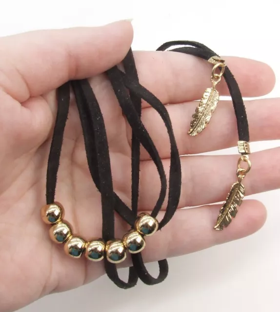 13" CHARMING CHARLIE 3 Strand Black Faux Leather/Feather Dangle Choker Necklace 3