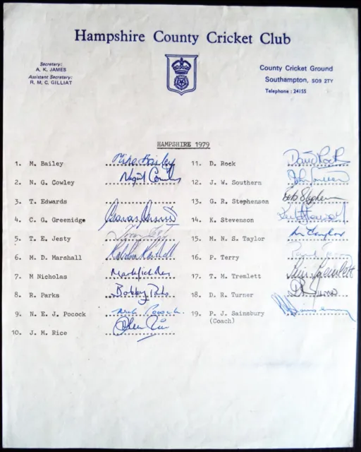 Hampshire County Cricket Club 1979 Official Autograph Team Sheet