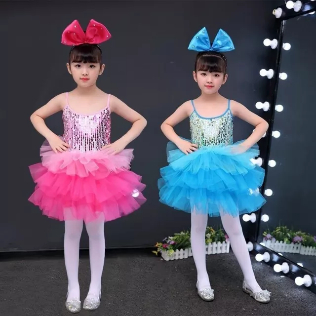 Bambini Balletto Danza Tutu Abito Ragazze a Strati Paillettes Festa Carino 2