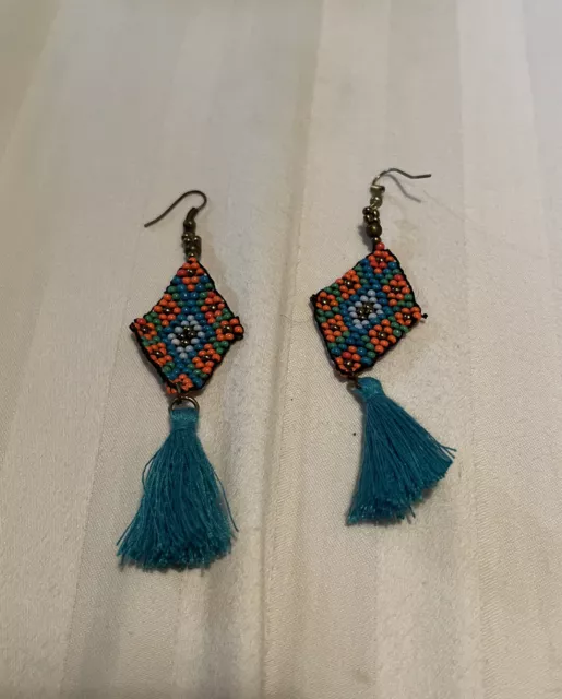 Traditional Handmade HUICHOL MEXICAN PEYOTE ART Beaded Jewelry Earrings unique