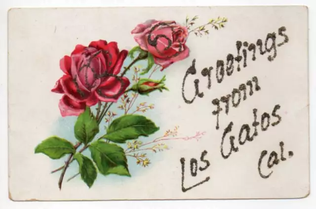 Los Gatos California Greetings Glitter Pink Red Roses Vintage Postcard AA54425
