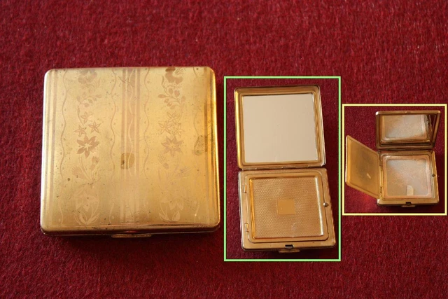 Poudrier Ancien En Métal Doré Avec Miroir - Boîte à Maquillage Vintage