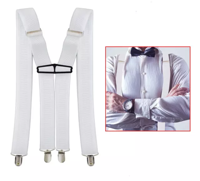 White Mens Braces 35mm Wide Heavy Duty X Back Adjustable Suspenders Clip On 35mm