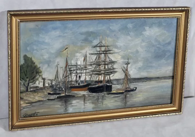 Tableau signé Paysage Marin Bateaux Peinture huile sur panneau bois