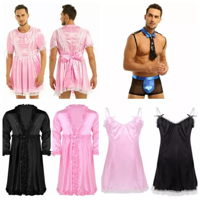 Men Lace Nightwear Satin Nightgown Lingerie Shiny Outfit Sleepwear Girly Pajamas