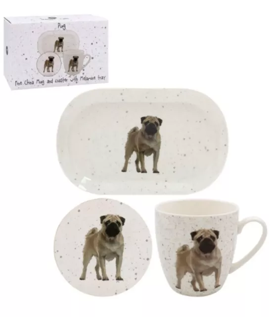 Pug Gorgeous Fine China Mug + Melamine Tray + Coaster set gift New 2