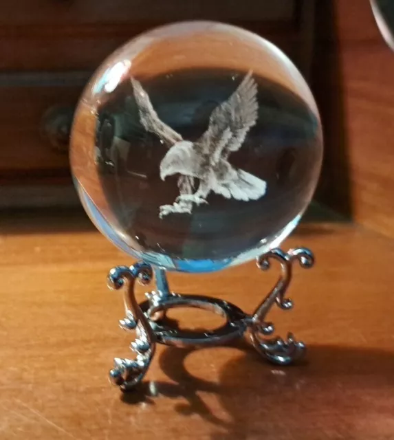 Engraved Eagle Crystal Ball Paperweight Stand 3D Laser Etched Glass Decorative