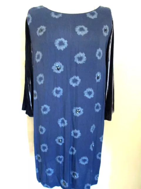 White Stuff women's blue velvet sleeve/back 3/4 sleeve sequin trim dress size 12