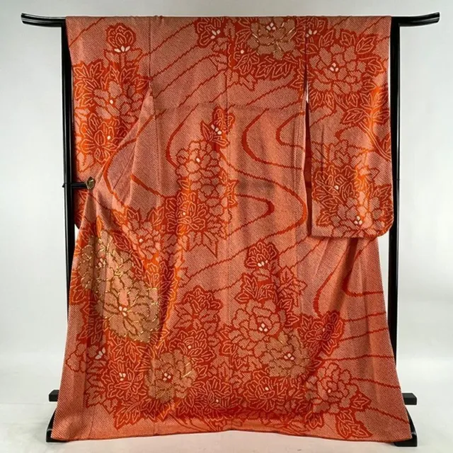 Japanese Kimono Furisode Pure Silk Moutan Gold Thread Orange Color Lined Kimono