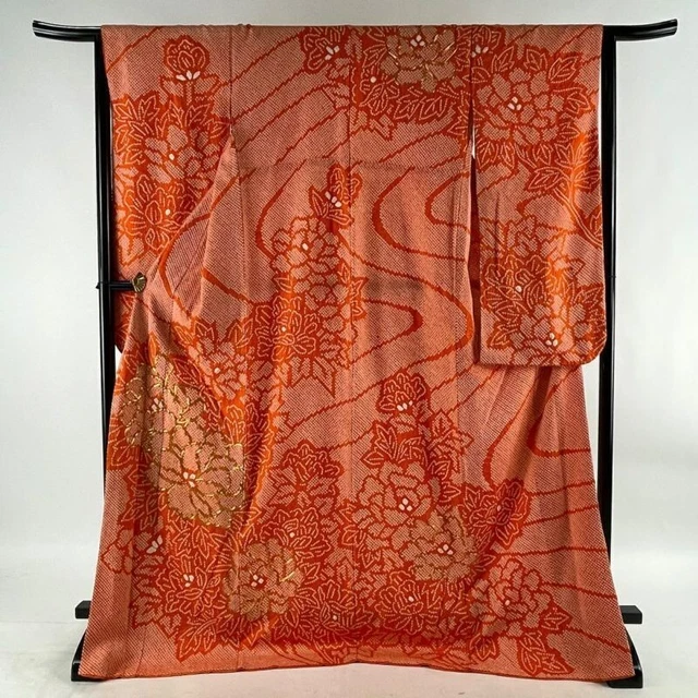 Japanese Kimono Furisode Pure Silk Moutan Gold Thread Orange Color Lined Kimono