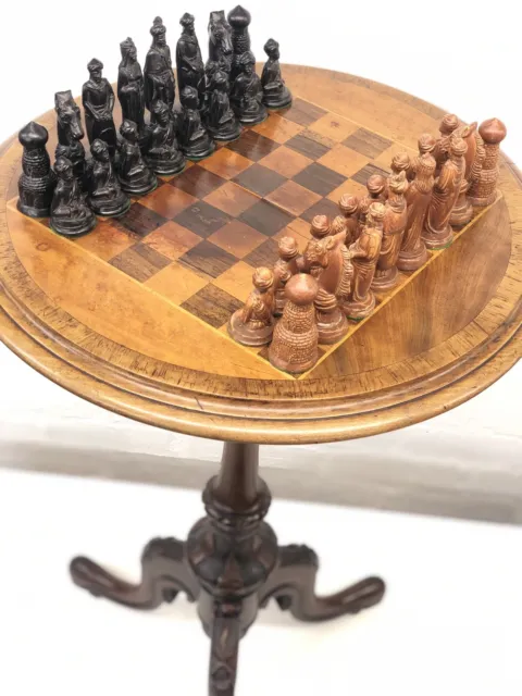 Victorian Pedestal Tripod Chess Table / Wooden Marquetry Inlaid / Carved