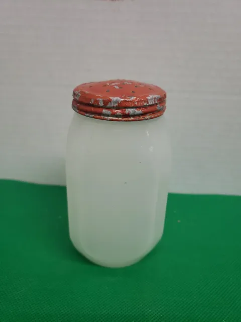 Vtg White Milk Glass Hoosier Style Spice Jar w/Red Shaker Lid