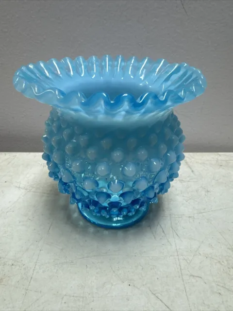 Vintage Fenton Blue Opalescent Hobnail Vase Double Crimped Edge