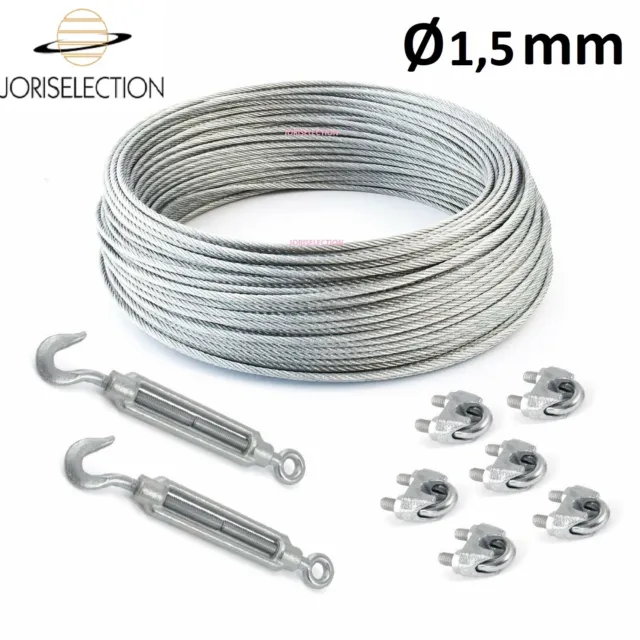 Câble acier galvanisé Ø 1,5 mm + 6 serre-câble et 2 tendeurs  LONGUEUR  AU CHOIX