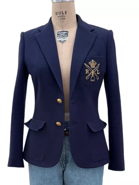 Ralph Lauren Navy Blue Knit Blazer Jacket Gold Thread Sword Crest Womens Size 6