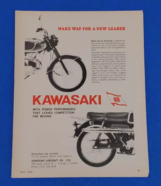 1966 Kawasaki Motorcycle Original Color Print Ad "Make Way For A New Leader"