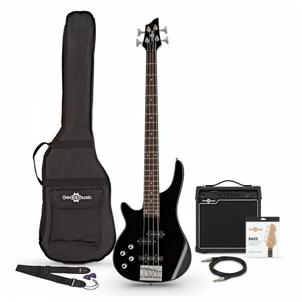 Chicago Left Handed Bass Guitar + 15W Amp Pack Black