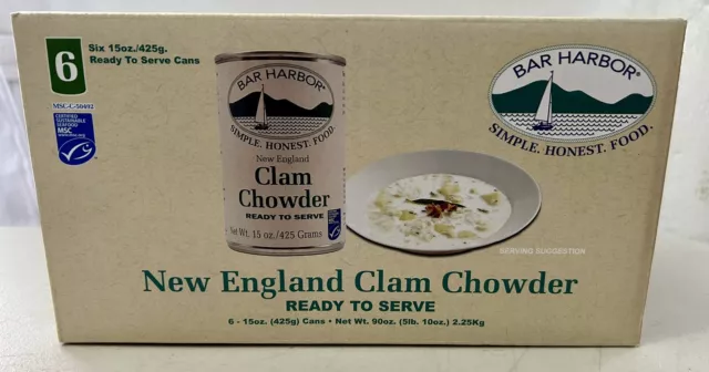 Bar Harbor New England Clam Chowder, 15 oz can, 6 packs, 90 oz Total. ￼