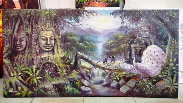 Wall Art Décor Peacocks Bayon Water Fall Painting 70cm x 140cm