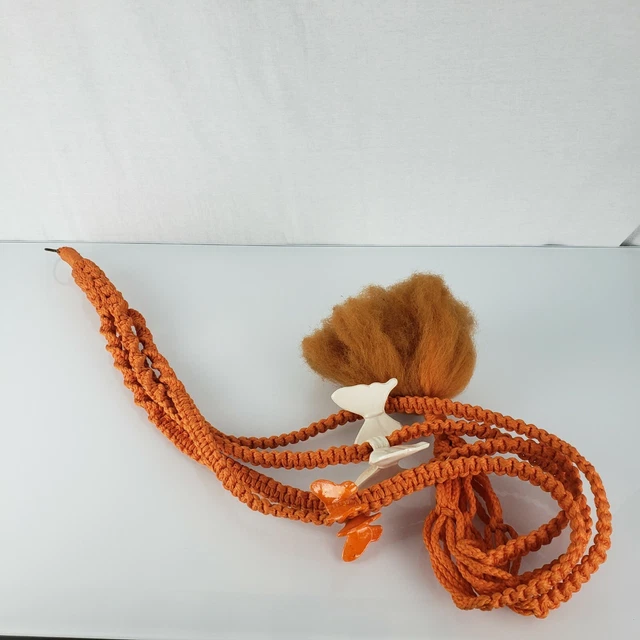 Vintage Macrame Plant Hanger Orange Ceramic Butterfly Bead Mid Century 3