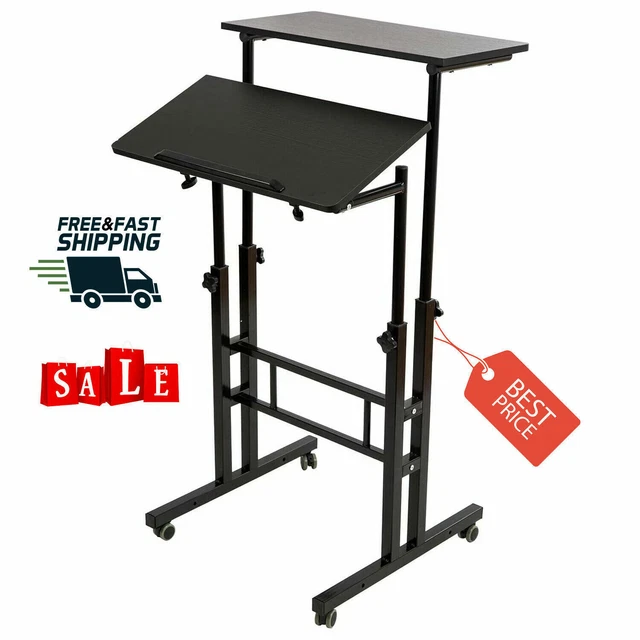 MOBILE STAND UP Desk Adjustable Laptop Cart Wheels Home Office