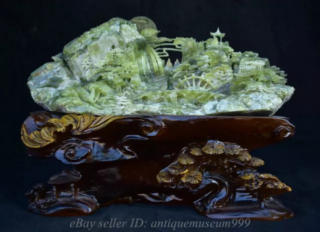 14.4" Old Chinese Natural Xiu Jade Carving Mountain Tree Figure People Statue