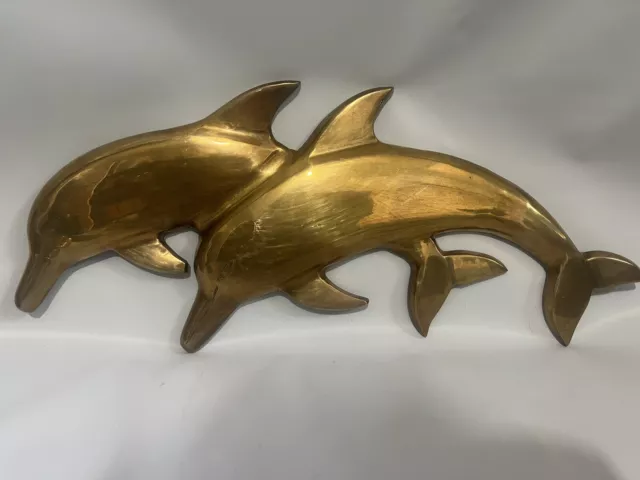 Vintage made in India large heavy brass swimming dolphin pair wall Hanging 21”