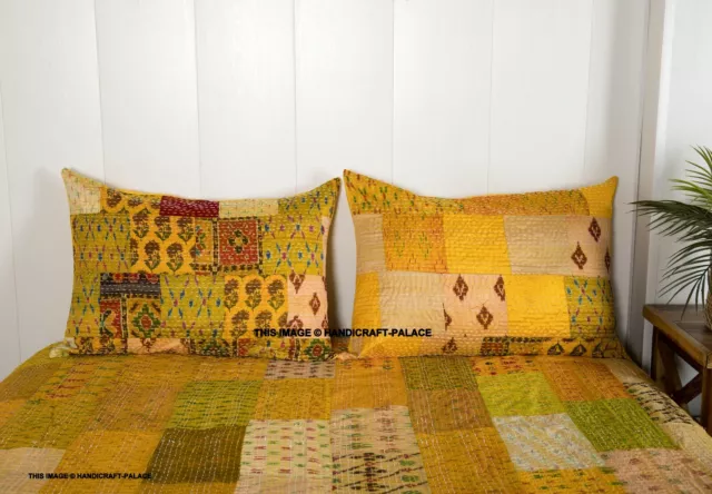 Amarillo Patola Seda Quit Kantha Parche Trabajo Handmade Cobertor para Cama Boho 3