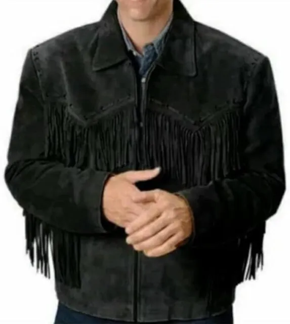 Men Native American Cowboy Leather Fringe Suede Black Western Jacket with Zipper