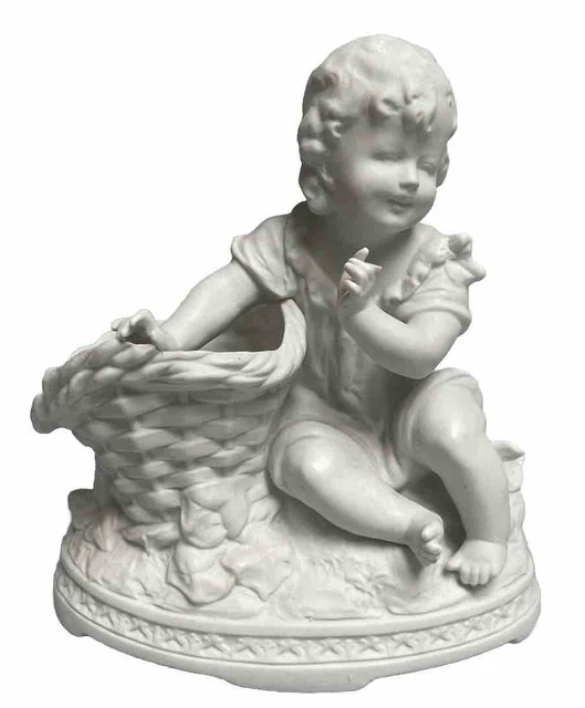 Statue Biscuit Peinte Jeune Homme Au Panier - Figurine Vintage Française, Occasion