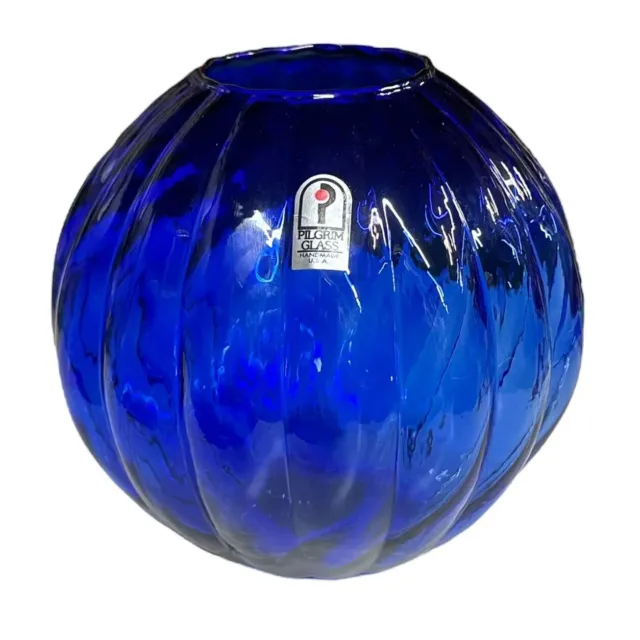 Pilgrim Glass Cobalt Blue Bubble Vase Rose Bowl VTG Round Optic FOIL LABEL
