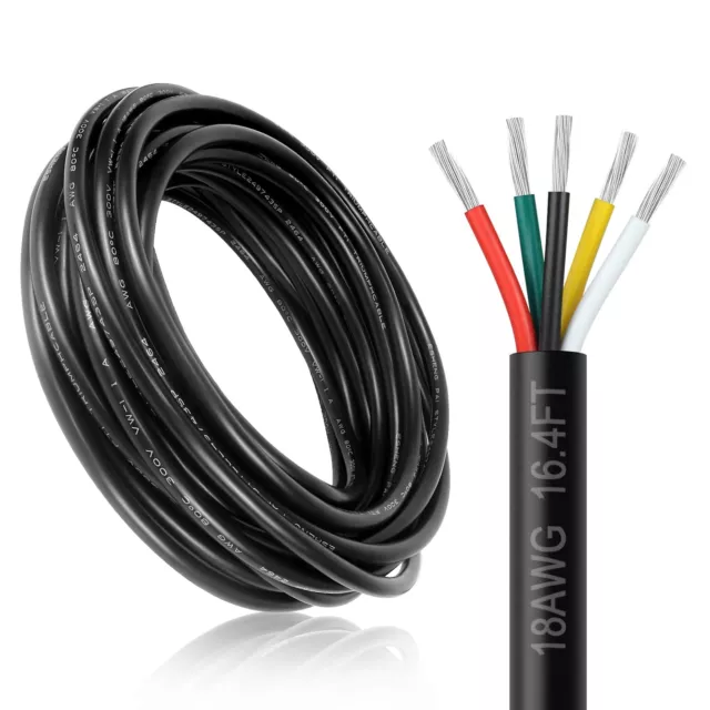 18 Gauge 5 Conductor Electrical Wire - Black PVC Stranded Tinned Copper Cable