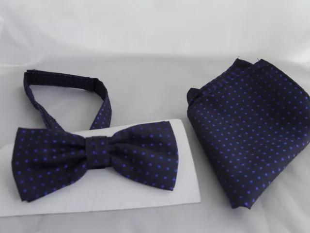 (006)  Black with Blue Polka Dots - 100% Silk Mens Bow Tie  and Hankie Set