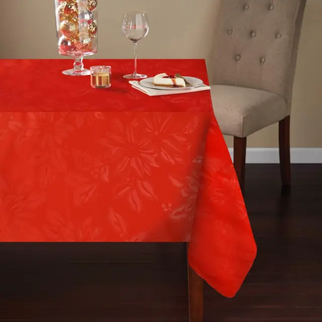 Red Christmas Tablecloth Poinsettia Embossed Floral Pattern Rectangle 132x178cm
