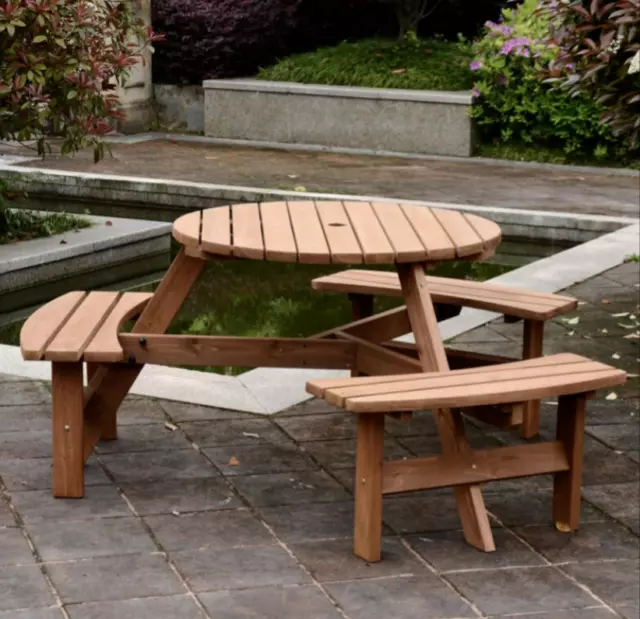 Round Picnic Table Outdoor Garden Furniture Wooden Pub Bench 6 Seater Beer Set