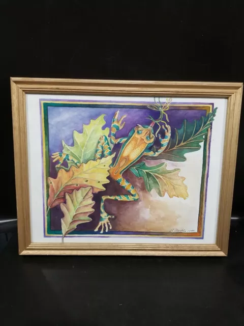 Original watercolor painting Frog Catching Bug Tropical Leaves Green Yellow