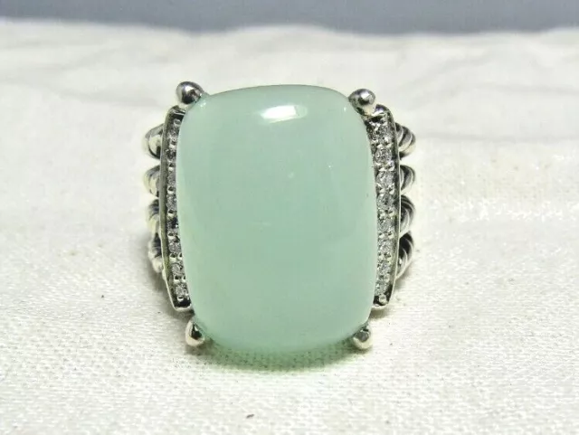 David Yurman Sterling Sivler 16X12 MM Chalcedony, Diamond  Wheaton Ring Size 5.5
