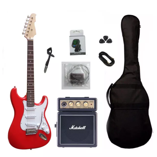 Chitarra Elettrica Stratocaster Rossa e Marshall MS-2 Amplificatore Kit Completo