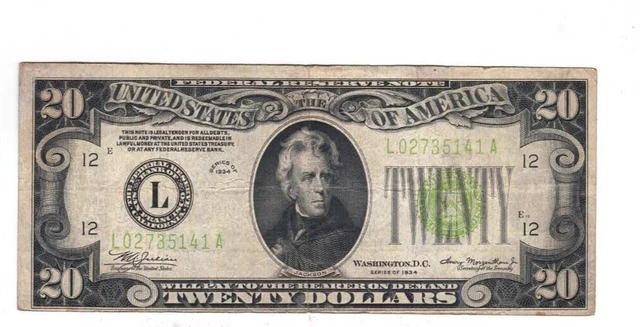 1934 $20 Federal Reserve Note San Francisco Green Seal